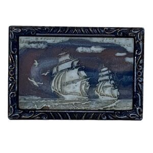 Vintage Incolay Belt Buckle Carved Stone Ship Nautical Coastal 1970s Brass